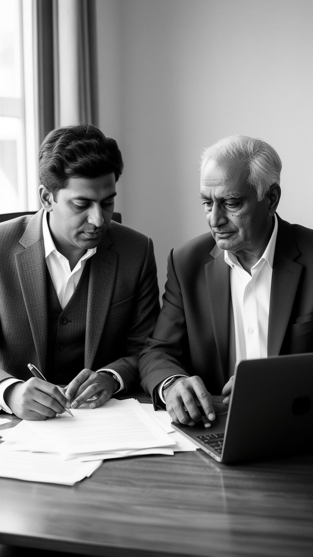 An older Indian father and his adult son, both in tailored business suits, working together at a desk