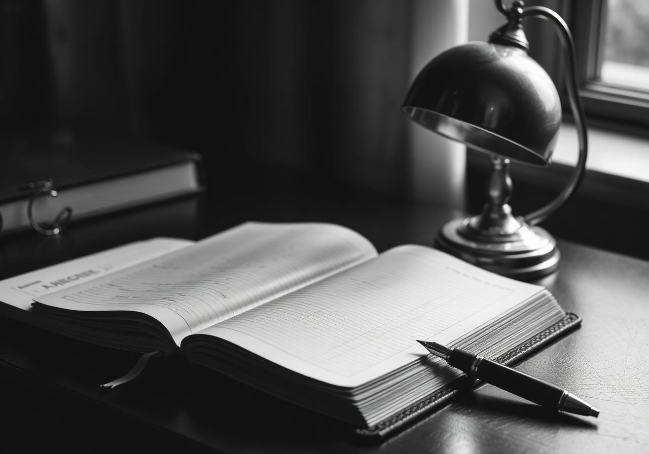 Quiet executive study with ledger and fountain pen, black and white